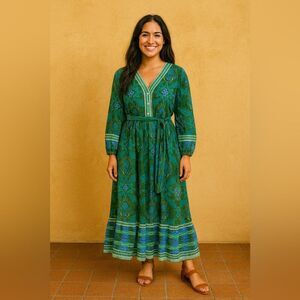 Celina Moon Boho Maxi Dress Green and Blue Pattern Size Large